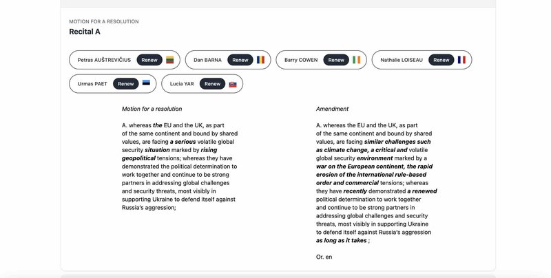 Example of an amendment as shown in the Amendment Tracker.